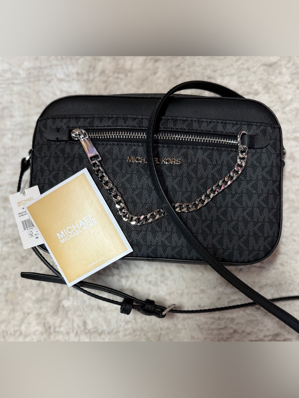 NWT Authentic Michael Kors Black Logo-Print Chain Crossbody Jet Set Bag!
